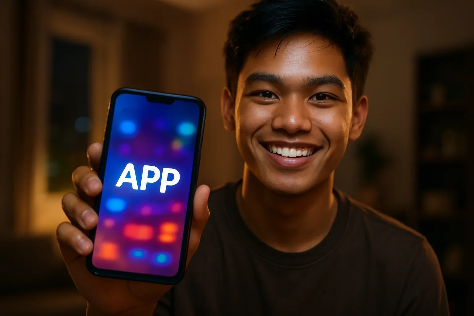 Smiling young Filipino man holding smartphone with glowing app screen