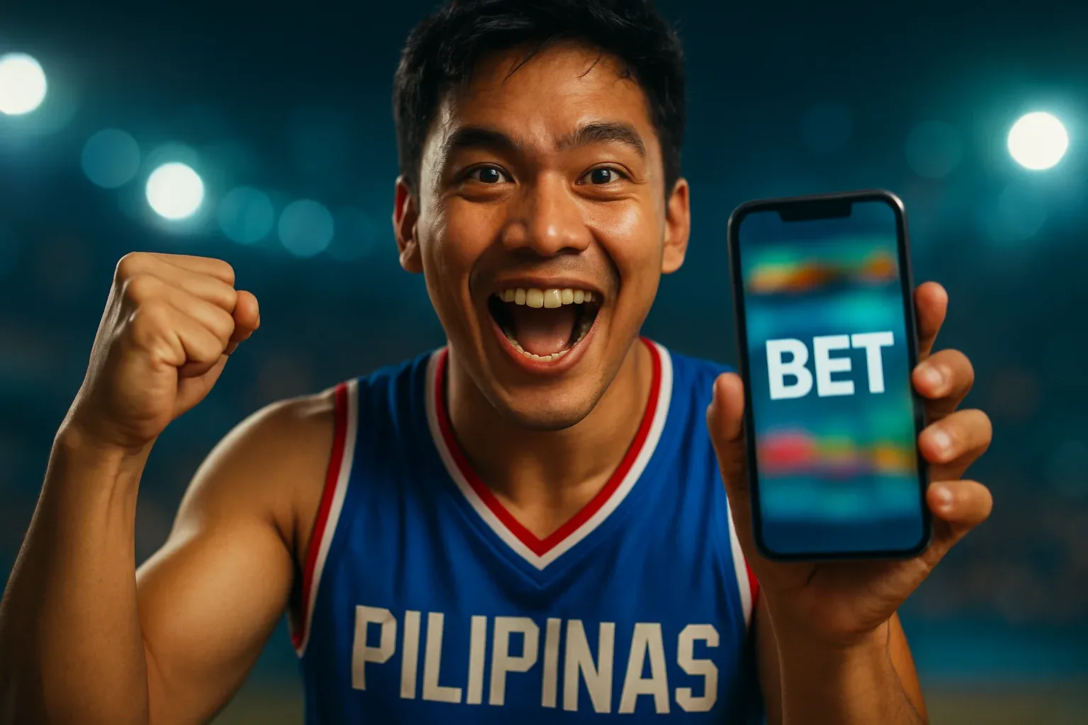 Excited young Filipino man holding smartphone with sports betting screen