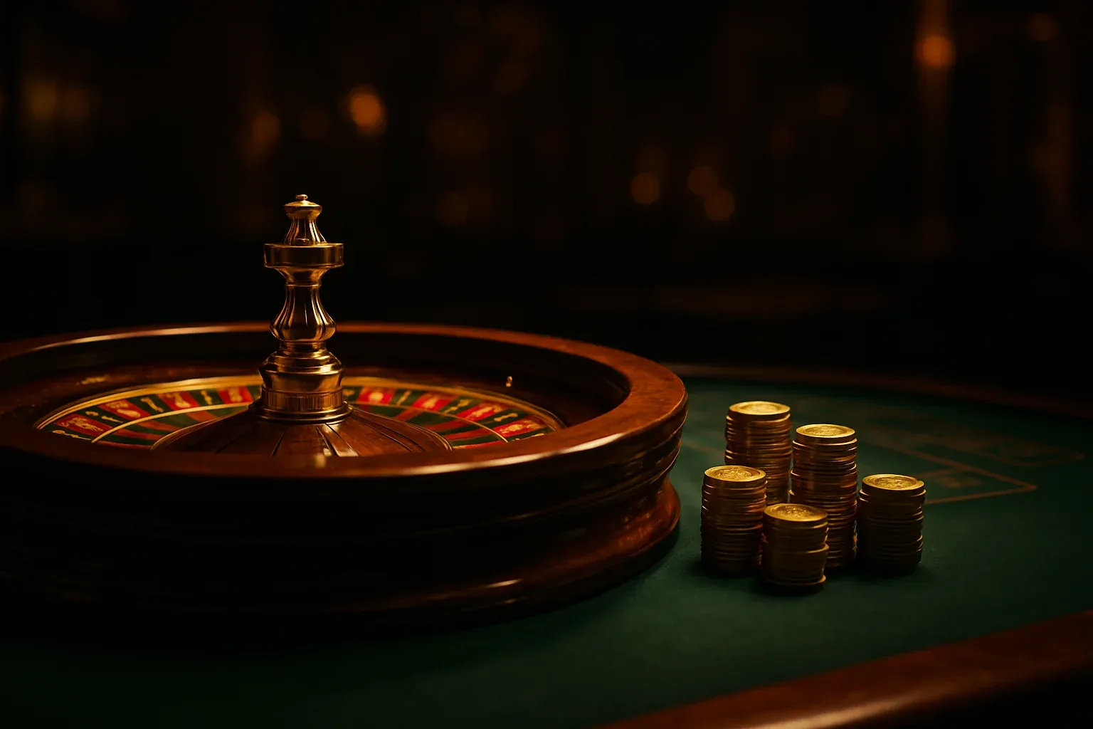 Elegant live casino table with glowing roulette wheel and golden chips