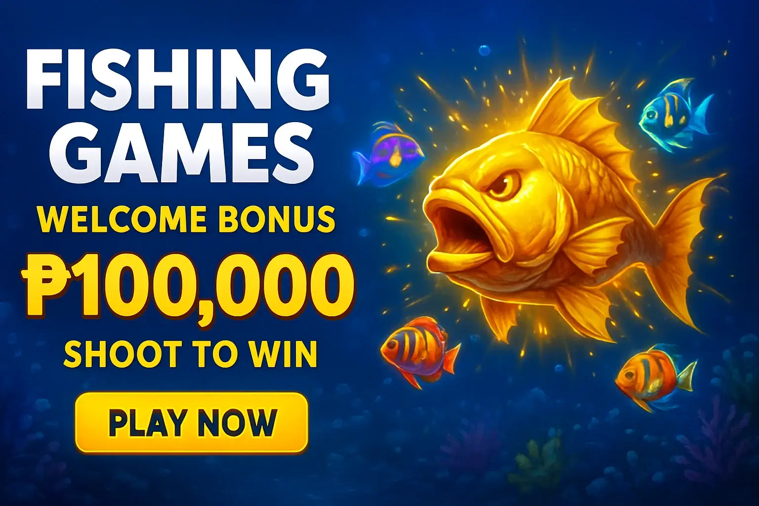 Fishing arcade banner with boss fish, bonus offer, and play button