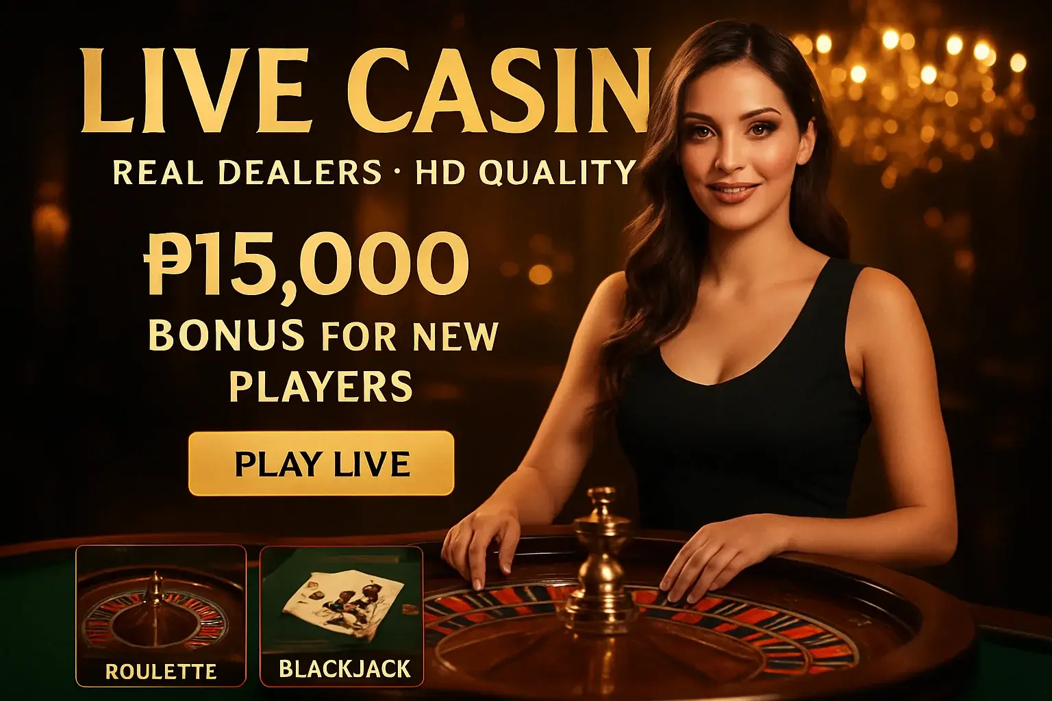 Luxury live casino banner with female dealer, roulette, and Philippines bonus