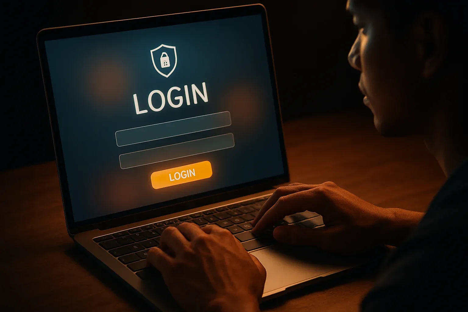 Young Filipino man's hands on laptop showing clear LOGIN screen