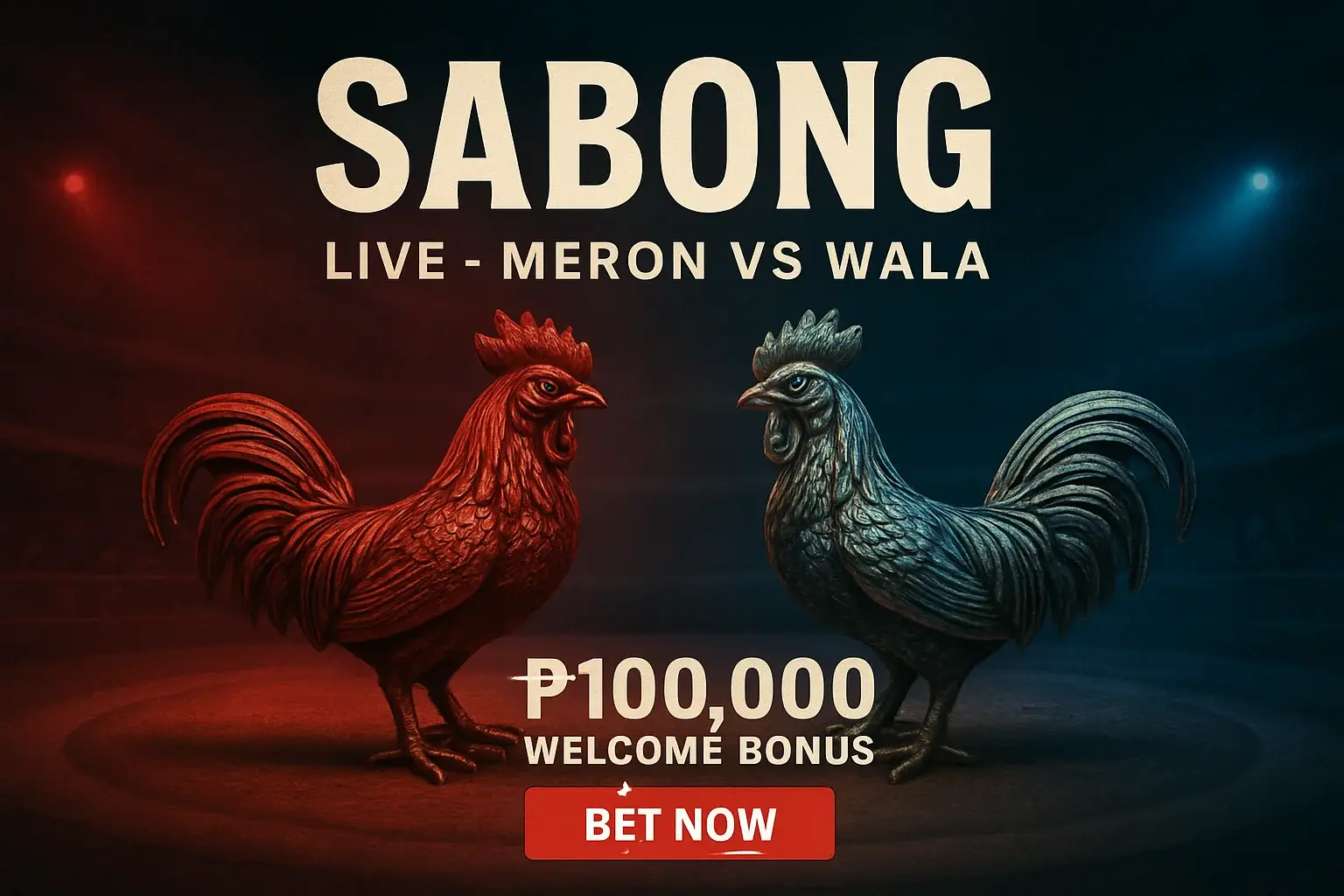Live sabong banner with decorative rooster figurines and bet now button