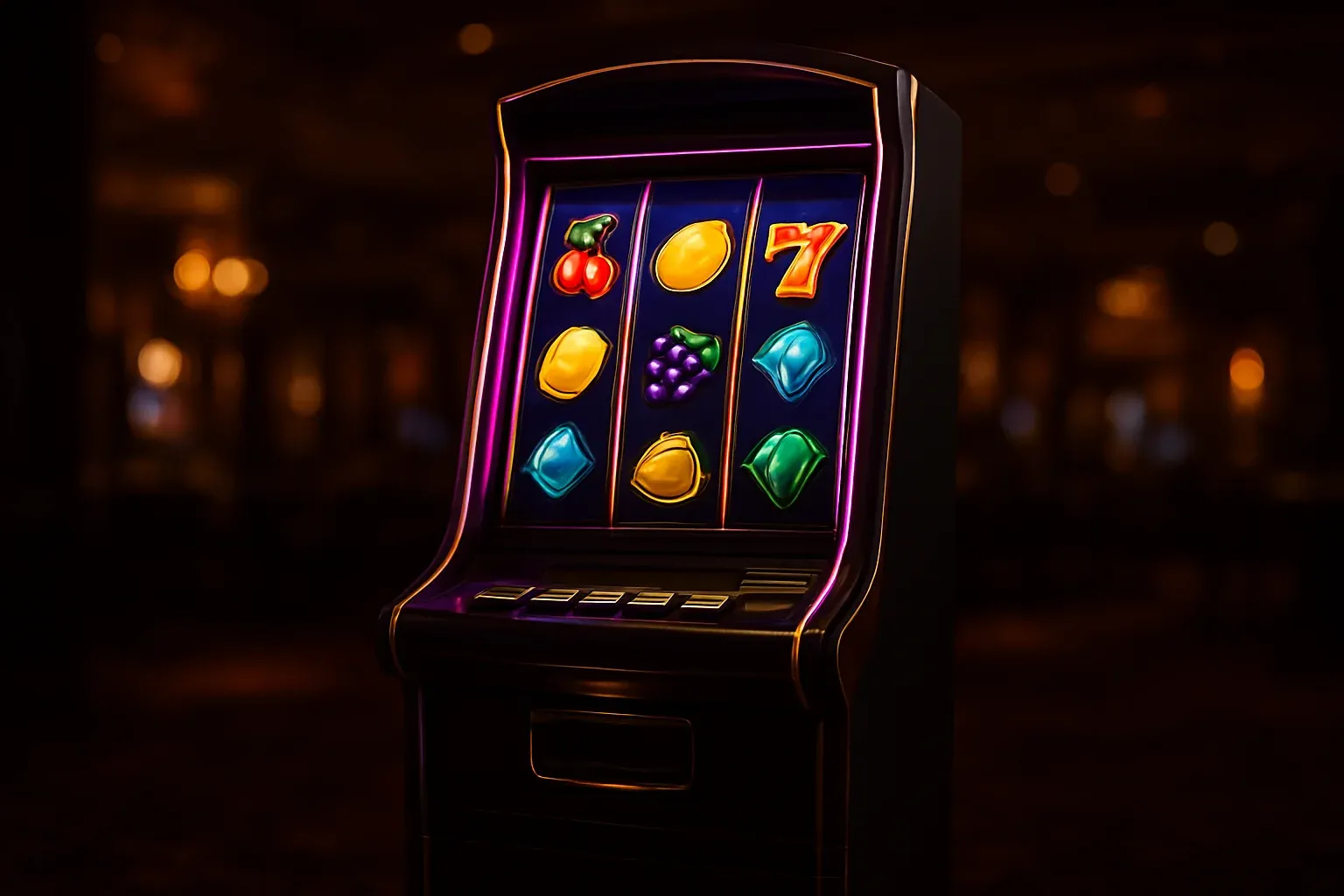 Complete premium slot machine on dark luxury casino floor with three reels